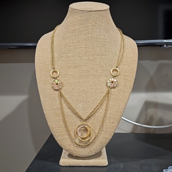 Gold Tone Multi Layered Open Circle Medallions Necklace, Mother of Pearl Discs - Picture 1 of 11